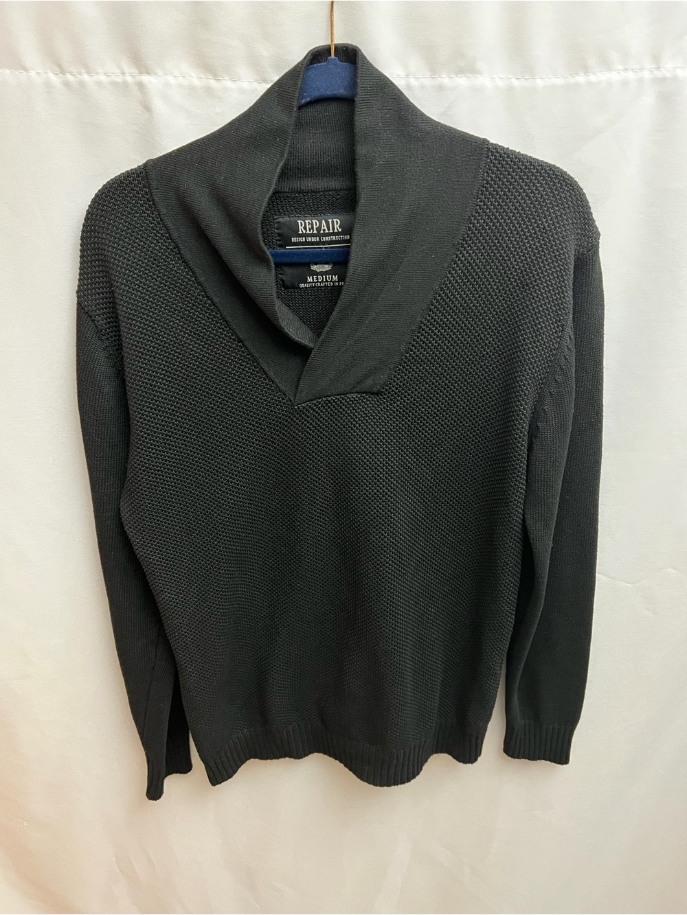 Repair Black Shawl Collar Knit Sweater Men’s Medium Pullover Textured Casual